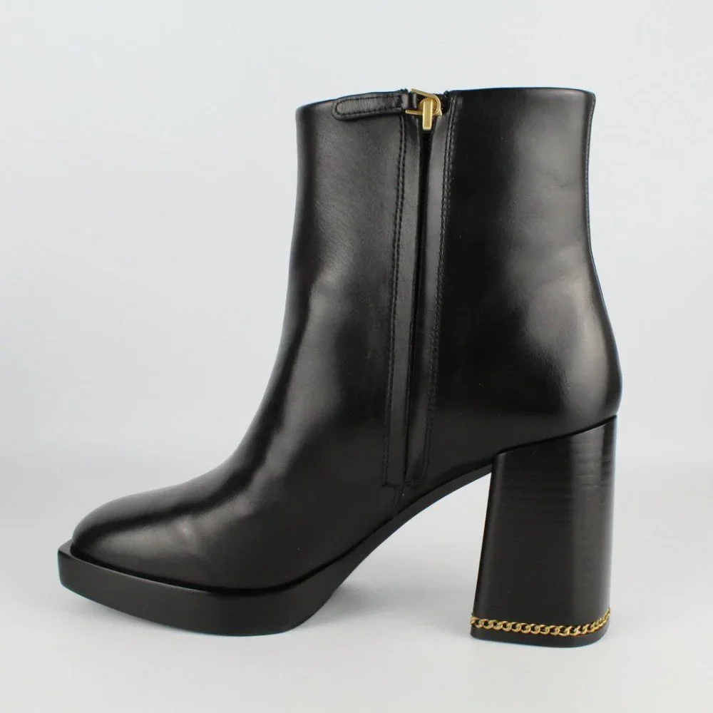 New TORY BURCH Ruby High Block Heel Chain Leather Booties, Black, US 8.5